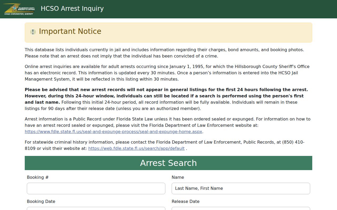 Hillsborough County released inmate Release Date search