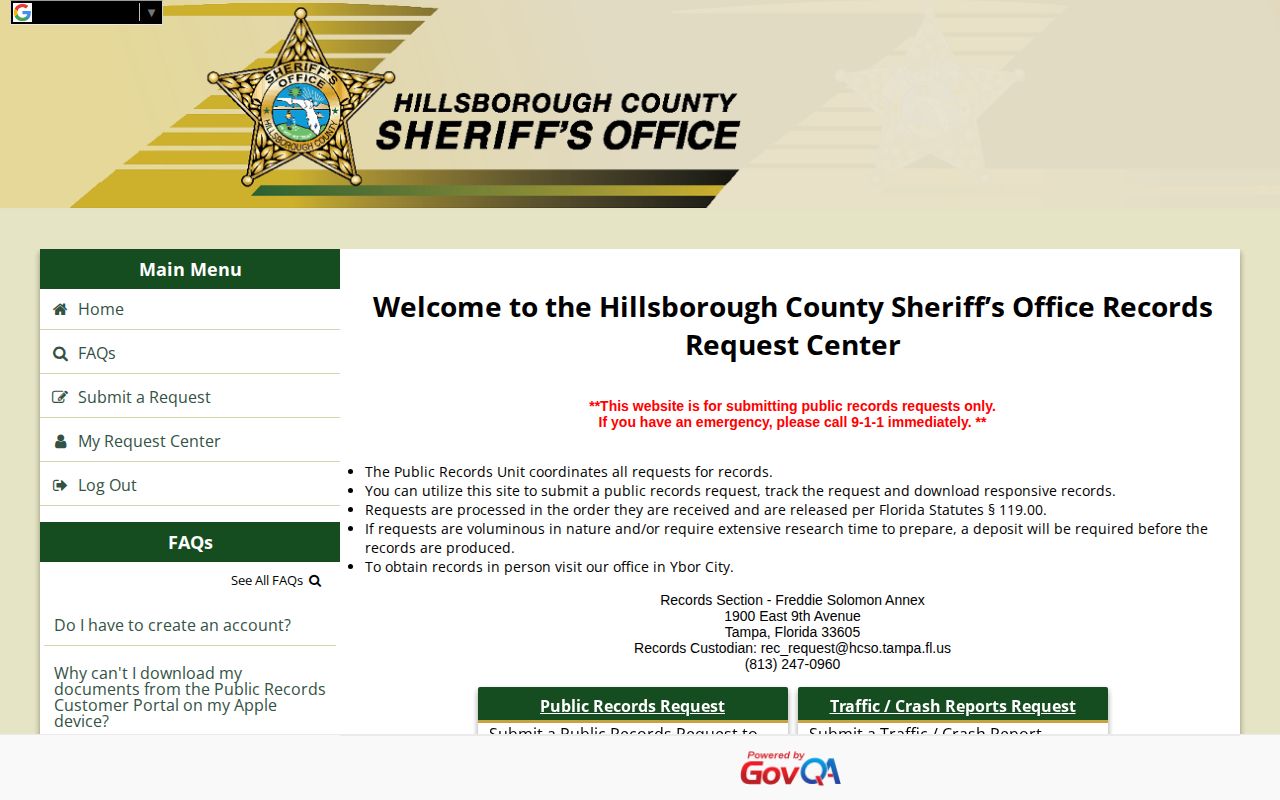 HCSO records portal for a Hillsborough County released inmate mugshot request