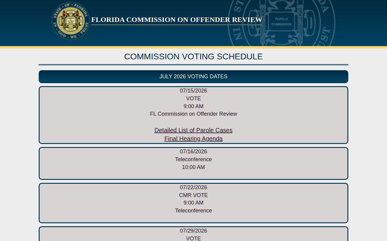 Hillsborough County parole hearing schedule and release review